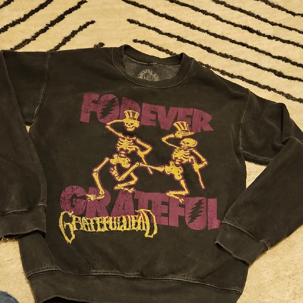 Grateful Dead Black Crewneck with Purple and Yellow Skeleton Graphic